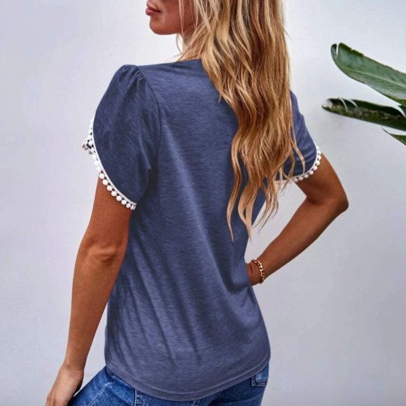 Petal Ruffle Frill Short Sleeve Lace Trim Tee PINK - Picture 4 of 4